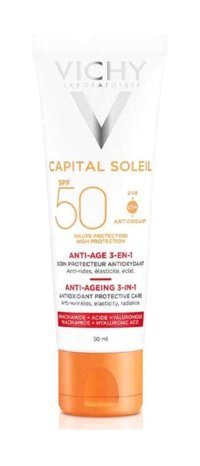 Vichy Capital Soleil 50 Faktör Tüm Ciltler İçin Nemlendirici Yaşlanma Karşıtı Suya Dayanıklı Yüz ve Vücut Güneş Kremi 50 ml
