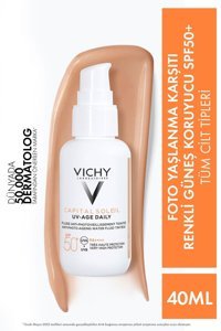 Vichy Renkli 50 Faktör Tüm Ciltler İçin Leke Karşıtı Nemlendirici Yaşlanma Karşıtı Yağsız Suya Dayanıklı Yüz ve Vücut Güneş Kremi 40 ml