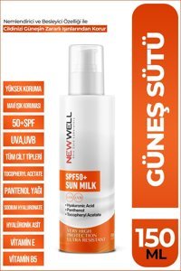 New Well Sun Milk 50 Faktör Tüm Ciltler İçin Leke Karşıtı Nemlendirici Yağsız Suya Dayanıklı Yüz ve Vücut Güneş Sütü 150 ml