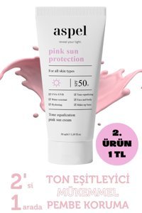Aspel Pink Sun Renkli 50 Faktör Tüm Ciltler İçin Leke Karşıtı Nemlendirici Yağsız Suya Dayanıklı Yüz ve Vücut Güneş Kremi 50 ml