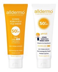 Alldermo 50 Faktör Tüm Ciltler İçin Leke Karşıtı Nemlendirici Yağsız Suya Dayanıklı Yüz ve Vücut Güneş Kremi 50 ml