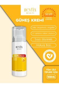 Nevfix Beauty 50 Faktör Tüm Ciltler İçin Leke Karşıtı Nemlendirici Yağsız Suya Dayanıklı Yüz ve Vücut Güneş Kremi 100 ml