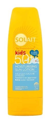 Solait Kids 50 Faktör Tüm Ciltler İçin Leke Karşıtı Nemlendirici Yağsız Suya Dayanıklı Yüz ve Vücut Güneş Losyonu 200 ml