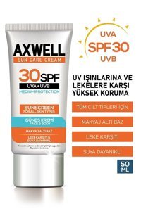 Axwell Sun Care 50 Faktör Tüm Ciltler İçin Leke Karşıtı Nemlendirici Yağsız Suya Dayanıklı Yüz ve Vücut Güneş Kremi 50 ml