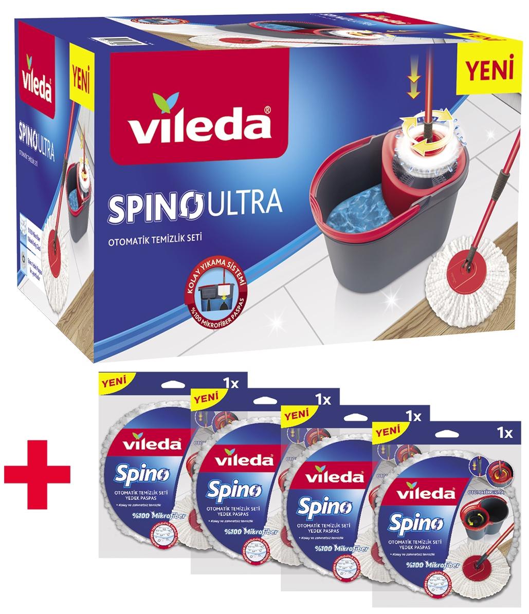 Vileda Spino Ultra Temizlik Seti Gri Kırmızı + 4'lü Yedek Paspas
