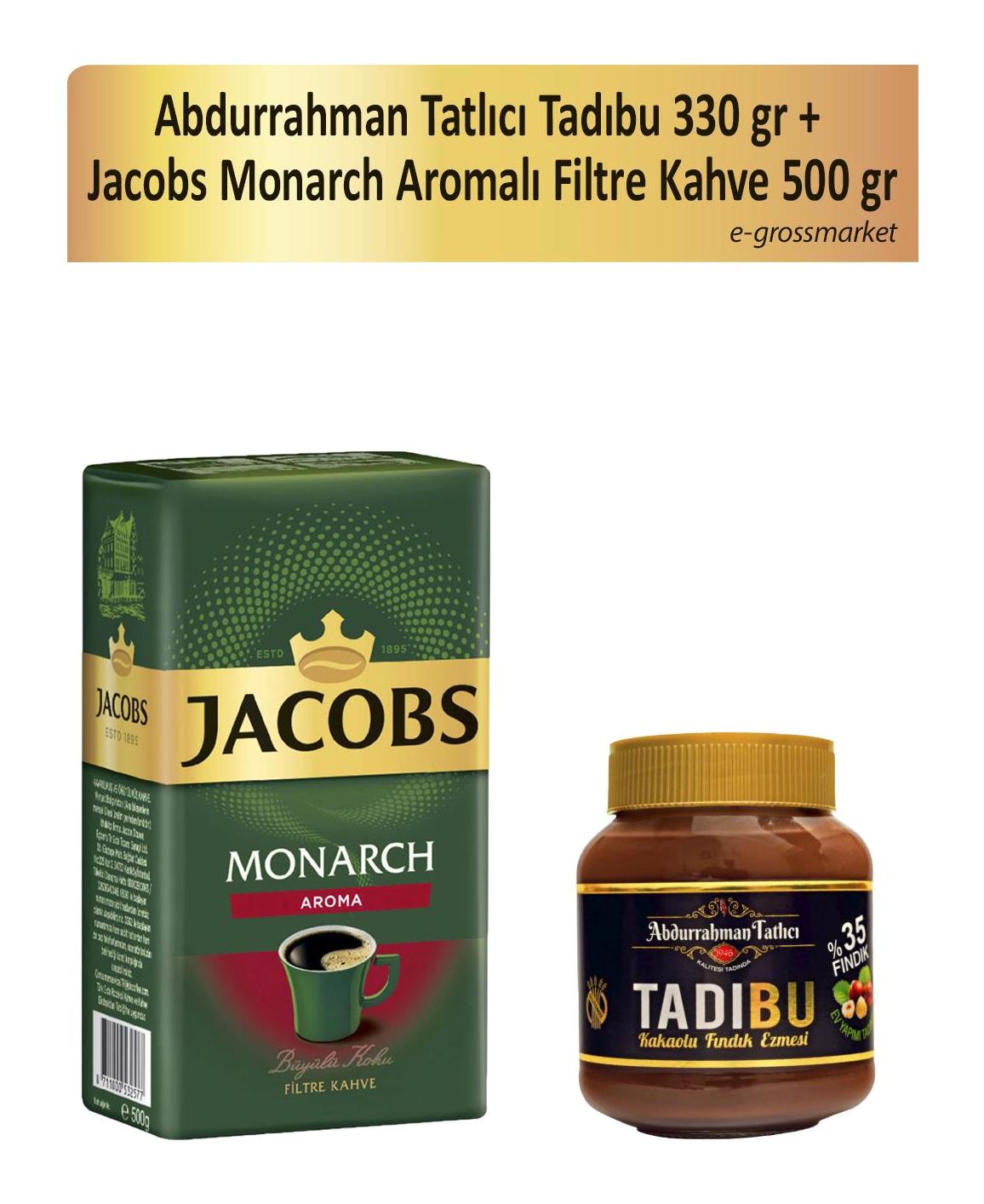 Abdurrahman Tatlıcı Tadıbu Kakaolu Fındık Ezmesi 330 gr + Jacobs Monarch Aromalı Filtre Kahve 500 gr