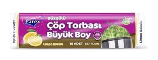 Parex Limon Kokulu Büzgülü Şeffaf Büyük Boy 65x70 cm Çöp Poşeti 6x15 Adet Sarı