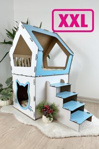 Onix Home Beşgen 2 Katlı İç Mekan Ahşap Kedi Evi Turkuaz