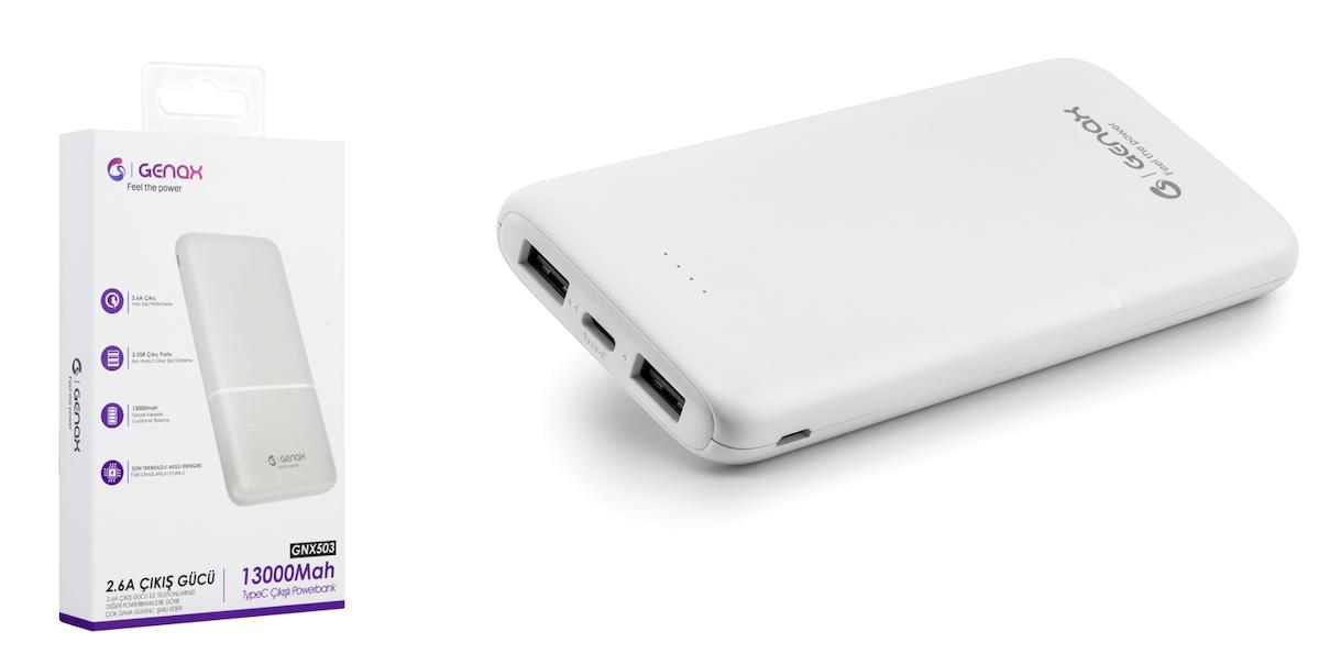 Genax GNX503 13000 mAh Hızlı Şarjlı Type C - USB Çoklu Bağlantılı Kablolu Powerbank Beyaz