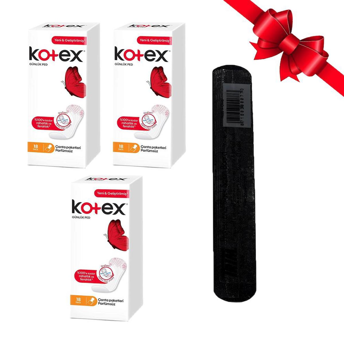 Kotex İnce Günlük Ped Parfümsüz 18li X3 Adet + Siyah Profesyonel Siyah Törpü Hediyeli
