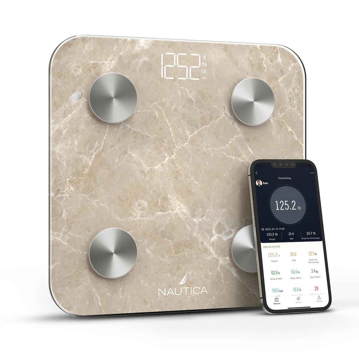 Nautica Marble Collection Yağ Ölçen Vücut Analizi Yapan Bluetoothlu Kas Ölçen Cam Dijital Akıllı Tartı Bej