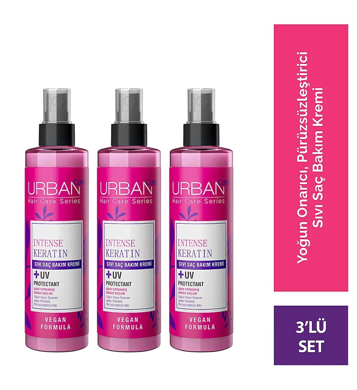 Urban Care Intense Keratin Silikonsuz Sülfatsız Parlaklık Veren Tuzsuz Keratinli Durulanmayan Kadın Saç Kremi 3x200 ml