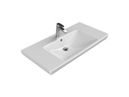 Turkuaz Seramik Etajerli Klasik Tekli 95 cm Seramik Tezgah Üstü Dikdörtgen Lavabo Beyaz