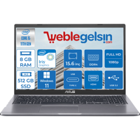 Asus X515EAEJ-BQ866 BQ866101 Dahili Intel Core i5 8 GB Ram DDR4 512 GB SSD 15.6 inç Full HD Windows 11 Home Laptop