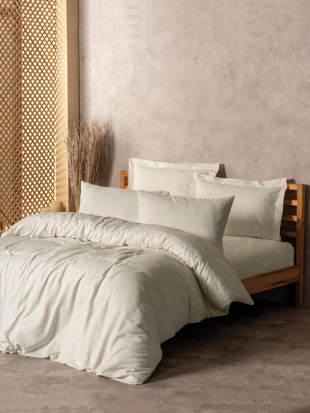 Cotton Box Plain Plaid Pamuk Dört Mevsim 200 x 220 cm Kareli Çift Kişilik Nevresim Takımı Krem