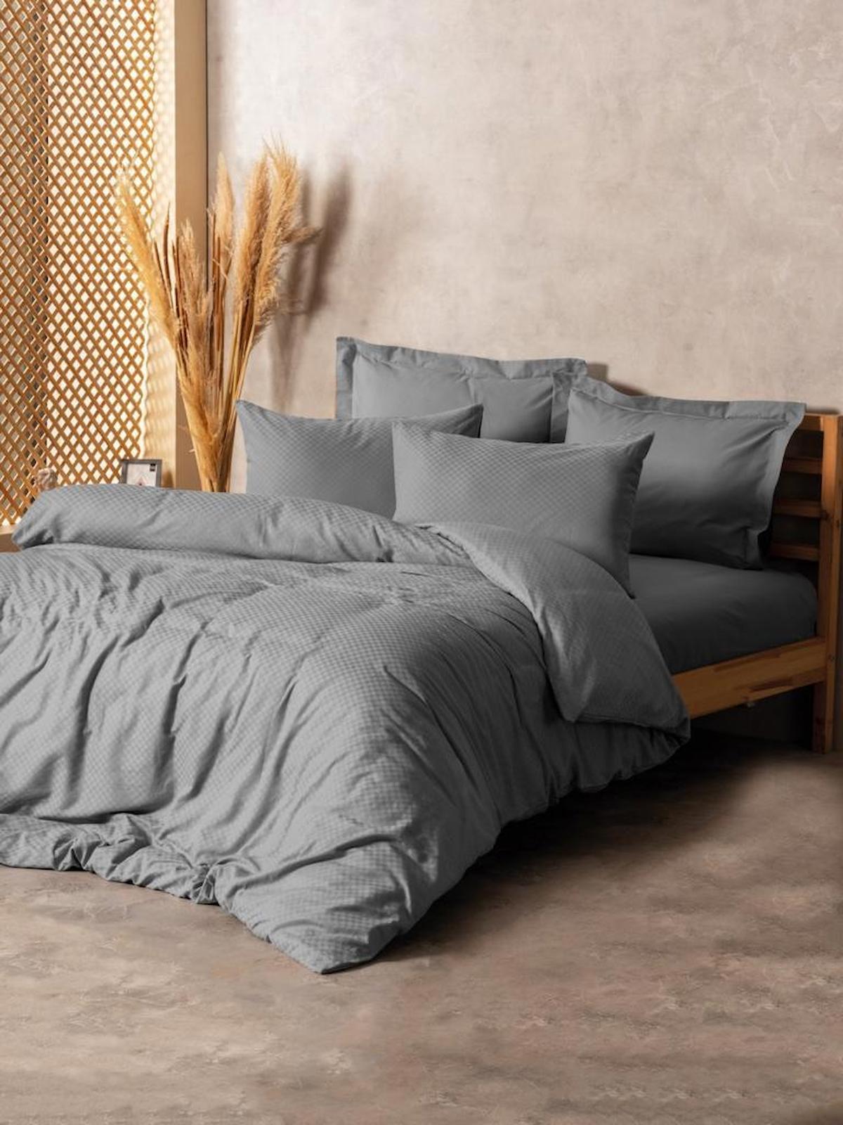 Cotton Box Plain Plaid Pamuk Dört Mevsim 200 x 220 cm Kareli Çift Kişilik Nevresim Takımı Gri