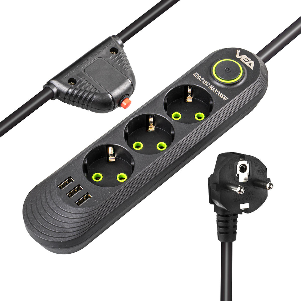 Vea VA-21557 3'lü 1.5 metre 3'lü USB Kablolu Çiftli Akım Korumalı Priz