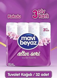 Mavi Beyaz 3 Katlı Kokulu Renkli 32'li Rulo Tuvalet Kağıdı