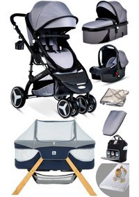 Baby Home 945 Çift Yönlü Katlanır 360 Derece Dönebilen Tam Yatar Travel Sistem Bebek Arabası Gri-Siyah