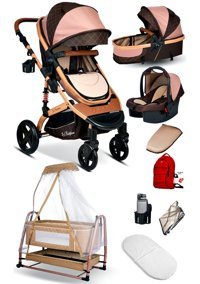 Baby Home Çift Yönlü 360 Derece Dönebilen Tam Yatar Travel Sistem Bebek Arabası Altın Kahverengi
