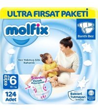 Molfix Bakteri Tutmayan Ambalaj 6 Numara Bantlı Bebek Bezi 2x62 Adet