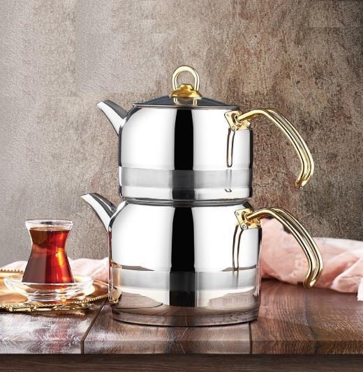 Kahramanlar Enza Çelik Gold Kulplu Çaydanlık Gümüş