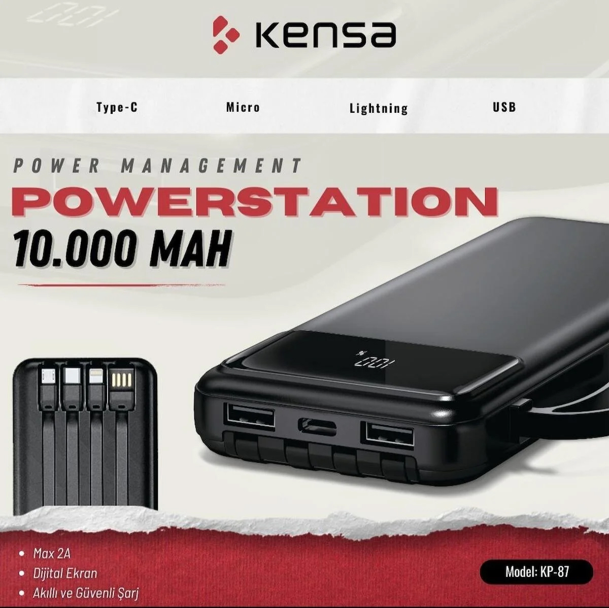 Kensa KP-87 10000 mAh Dijital Göstergeli USB Type A-Type C Çoklu Bağlantı Powerbank Siyah
