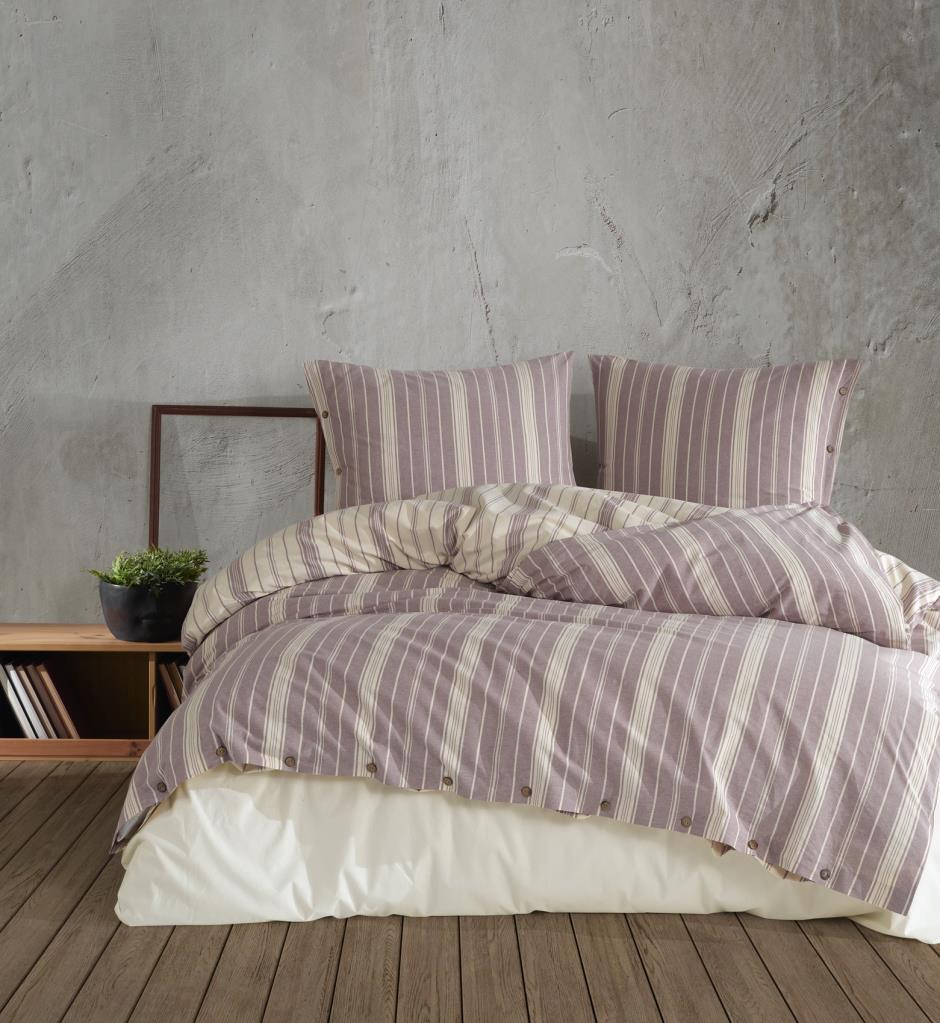 Native Pamuk Dört Mevsim 200 x 220 cm Çift Kişilik Çarşaflı Çizgili Nevresim Takımı Lila