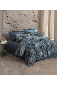 Cotton Box Pamuk Saten Dört Mevsim 200 x 220 cm Çift Kişilik Çarşaflı Desenli Nevresim Takımı Mavi