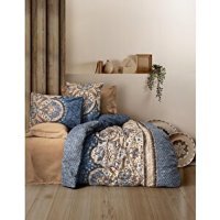 Cotton Box Pamuk Saten Dört Mevsim 200 x 220 cm Çift Kişilik Çarşaflı Desenli Nevresim Takımı Mavi-Kahverengi