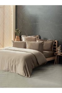 Lisinya 60% İpek - 40% Pamuk Dört Mevsim 200 x 220 cm Çift Kişilik Çarşaflı Düz Nevresim Takımı Bej
