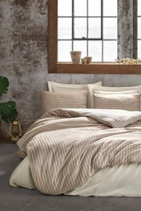 Cotton Box 60% Pamuk - 40% Bambu Dört Mevsim 200 x 220 cm Çift Kişilik Çarşaflı Çizgili Nevresim Takımı Krem