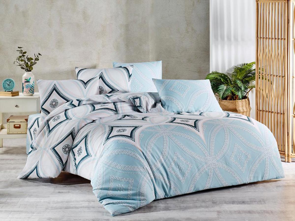 Nevresim Dünyası 70% Pamuk - 30% Pes Dört Mevsim 200 x 220 cm Çift Kişilik Çarşaflı Desenli Nevresim Takımı Beyaz - Mavi - Siyah