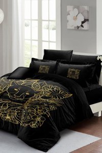 Monohome Pamuk Saten Dört Mevsim 200 x 220 cm Çift Kişilik Çarşaflı Desenli Nevresim Takımı Altın-Siyah