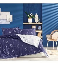 Linens Pamuk Saten Dört Mevsim 200 x 220 cm Çift Kişilik Çarşaflı Desenli Nevresim Takımı Mavi-Koyu Mavi