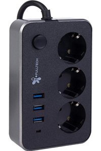 Fulltech Ftr-02 2500 W Kalın Anahtarlı Akım Korumalı 3'lü 2 m USB Uzatma Kablosu Siyah