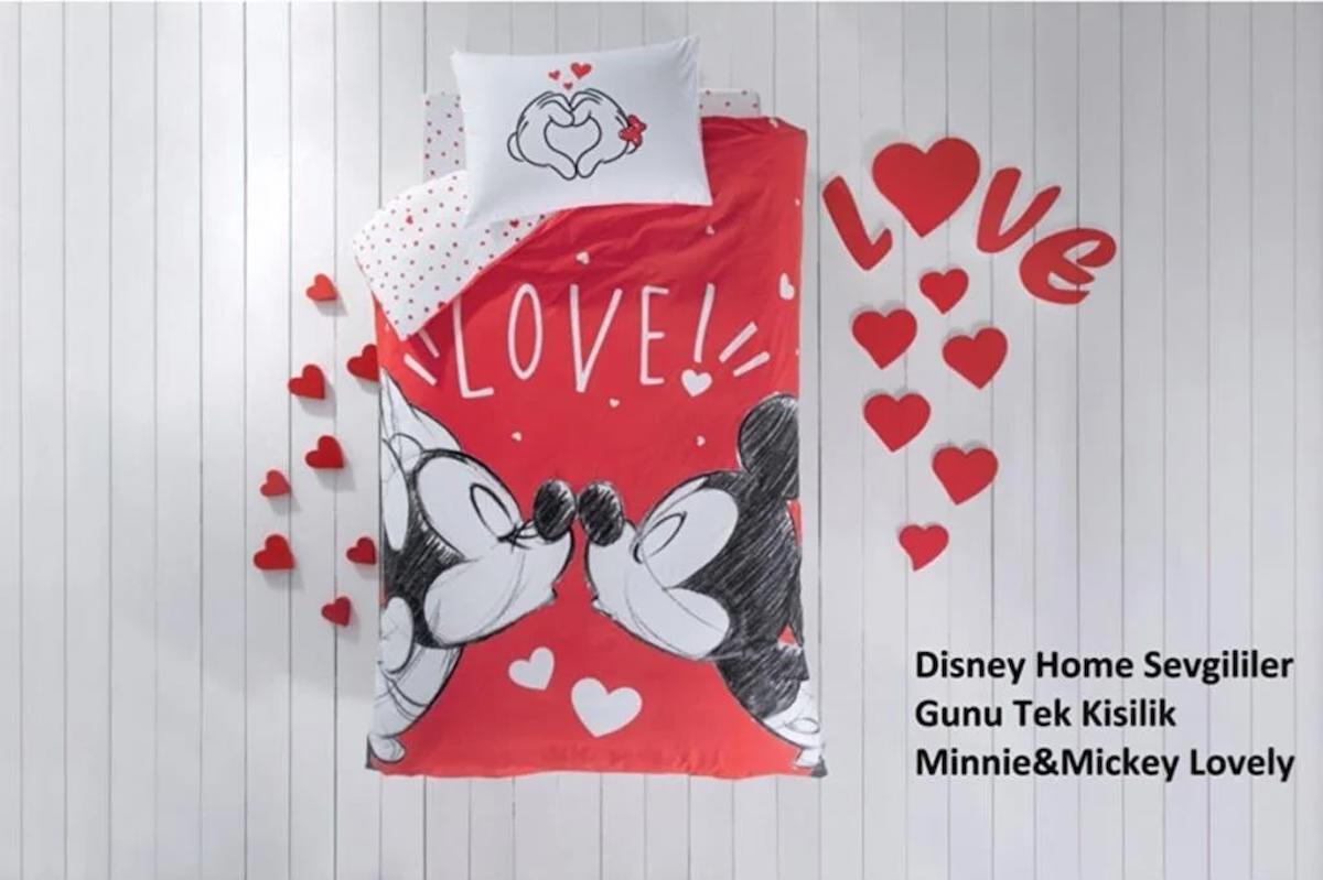 Taç Minnie Mickey Lovely Pamuk 160x220 cm Lastikli Tek Kişilik Nevresim Takımı Kırmızı