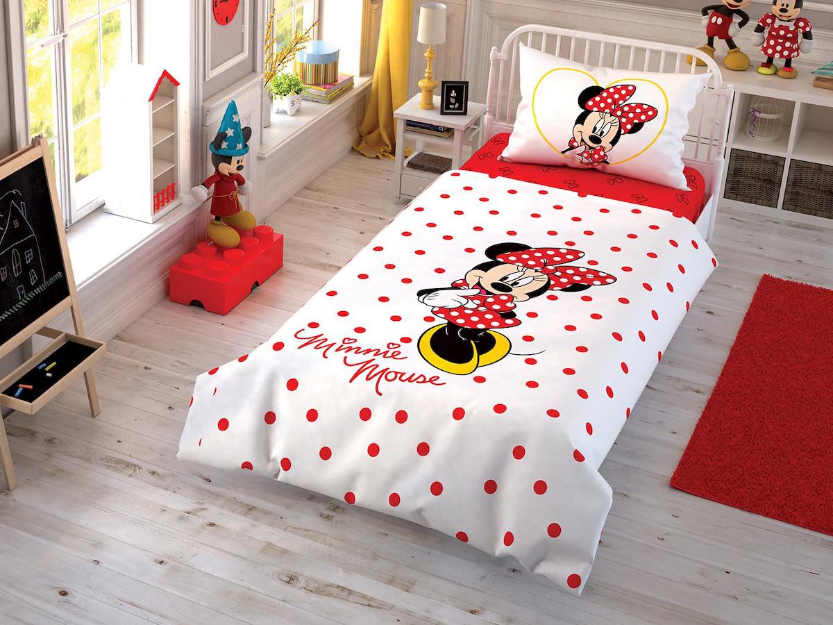 Taç Pamuk 160x220 cm Çarşaflı Lastikli Minnie Mouse Tek Kişilik Nevresim Takımı Kırmızı