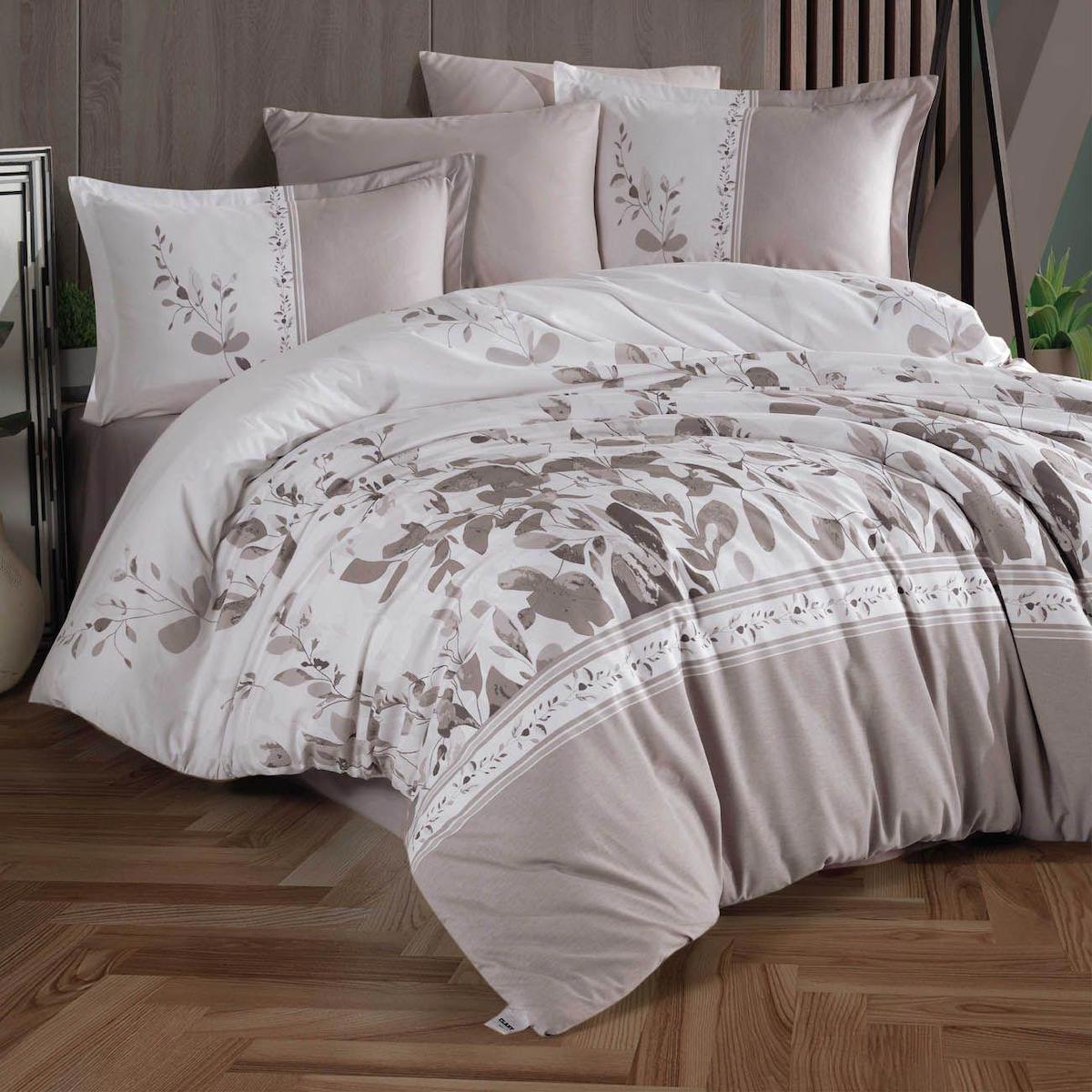 Clasy Falmari V1 Pamuk 160x220 cm Çarşaflı Çiçekli Tek Kişilik Nevresim Takımı Bej