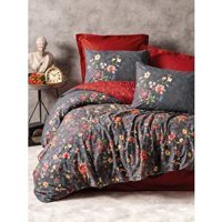 Cotton Box Feminen Pamuk 160x220 cm Çarşaflı Çiçekli Tek Kişilik Nevresim Takımı Bordo