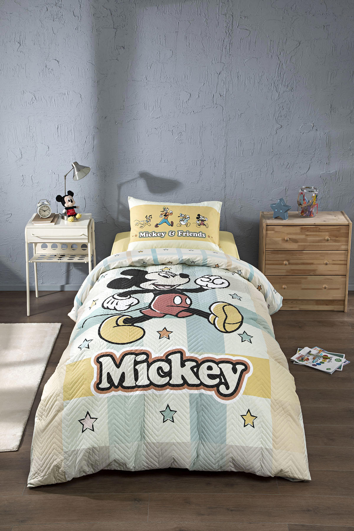 Özdilek Mickey Mouse Star Pamuk 160x220 cm Çarşaflı Lastikli Tek Kişilik Nevresim Takımı Sarı