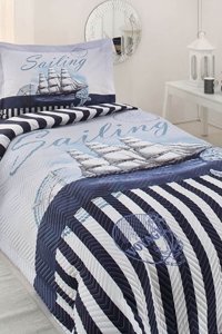 Özdilek Ranforce Sailing Voyage Pamuk 160x220 cm Çarşaflı Çizgili Tek Kişilik Nevresim Takımı Mavi