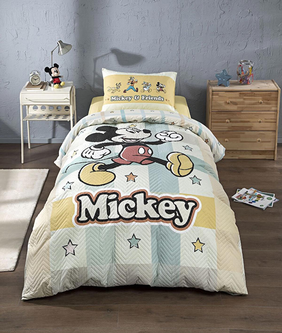 Özdilek Pamuk 180x230 cm Çarşaflı Lastikli Mickey Mouse Tek Kişilik Nevresim Takımı Sarı