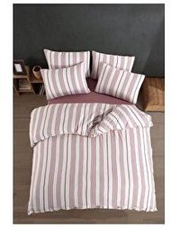 Formeya Pamuk 160x220 cm Çarşaflı Lastikli Çizgili Tek Kişilik Nevresim Takımı Bordo
