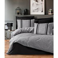 Cotton Box Plain Pamuk 160x220 cm Çarşaflı Çizgili Tek Kişilik Nevresim Takımı Gri-Siyah