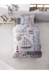 Clasy Ranforce Pamuk 160x220 cm Çarşaflı Denizcilik Tek Kişilik Nevresim Takımı Beyaz