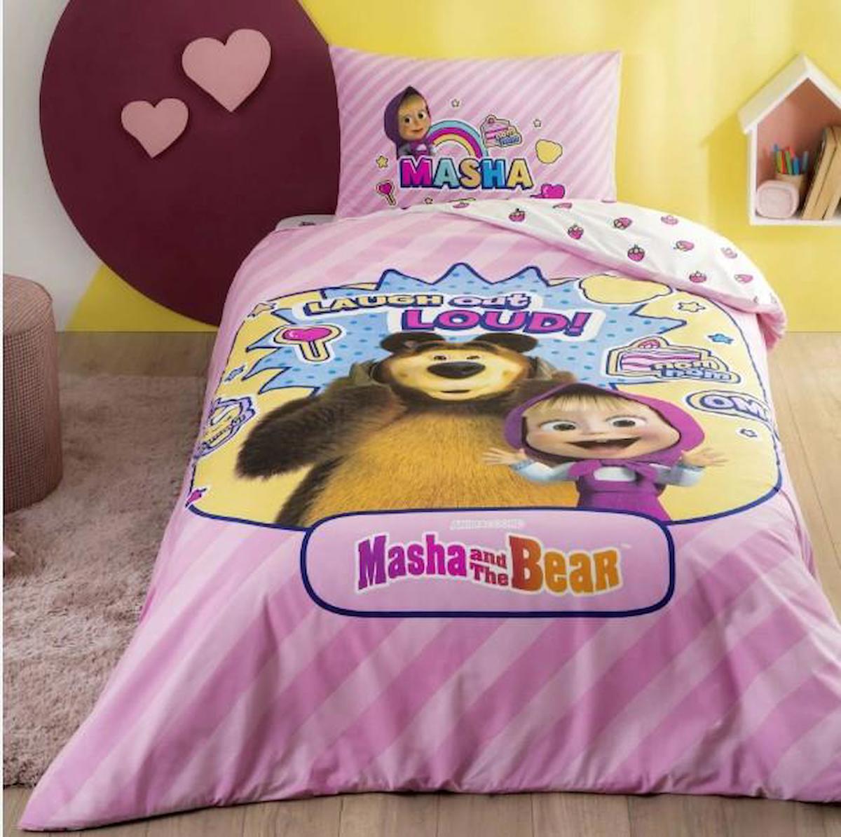 Taç Pamuk 160x220 cm Çarşaflı Lastikli Masha & The Bear Tek Kişilik Nevresim Takımı Pembe