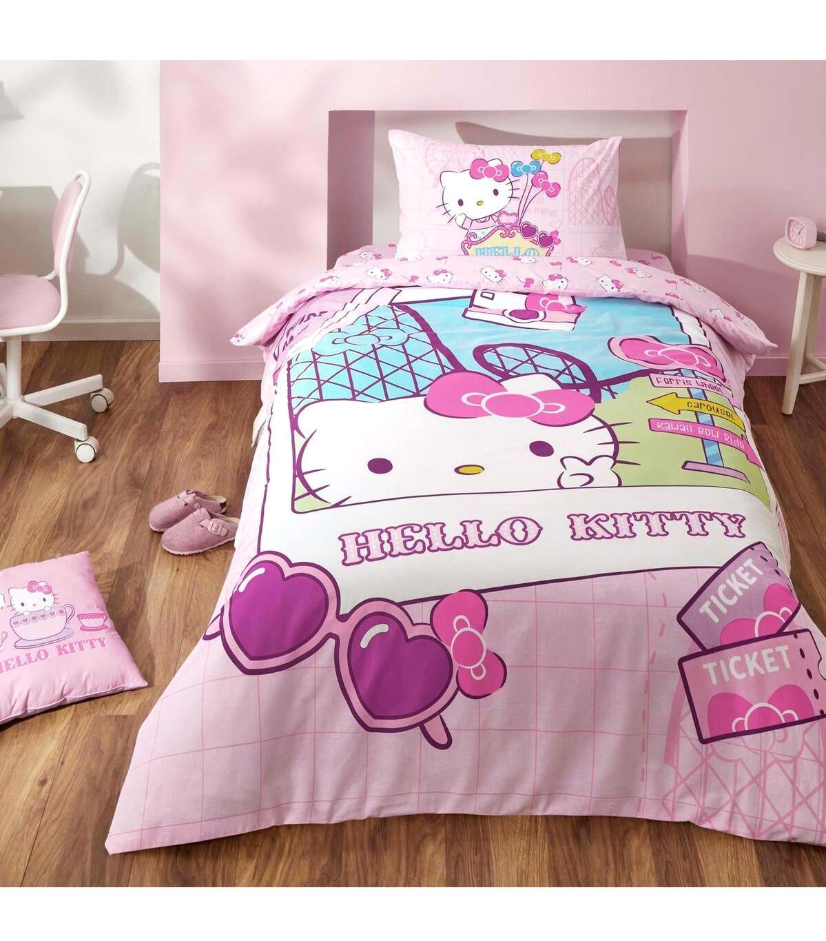 Nishev Pamuk 160x220 cm Çarşaflı Lastikli Hello Kitty Tek Kişilik Nevresim Takımı Pembe
