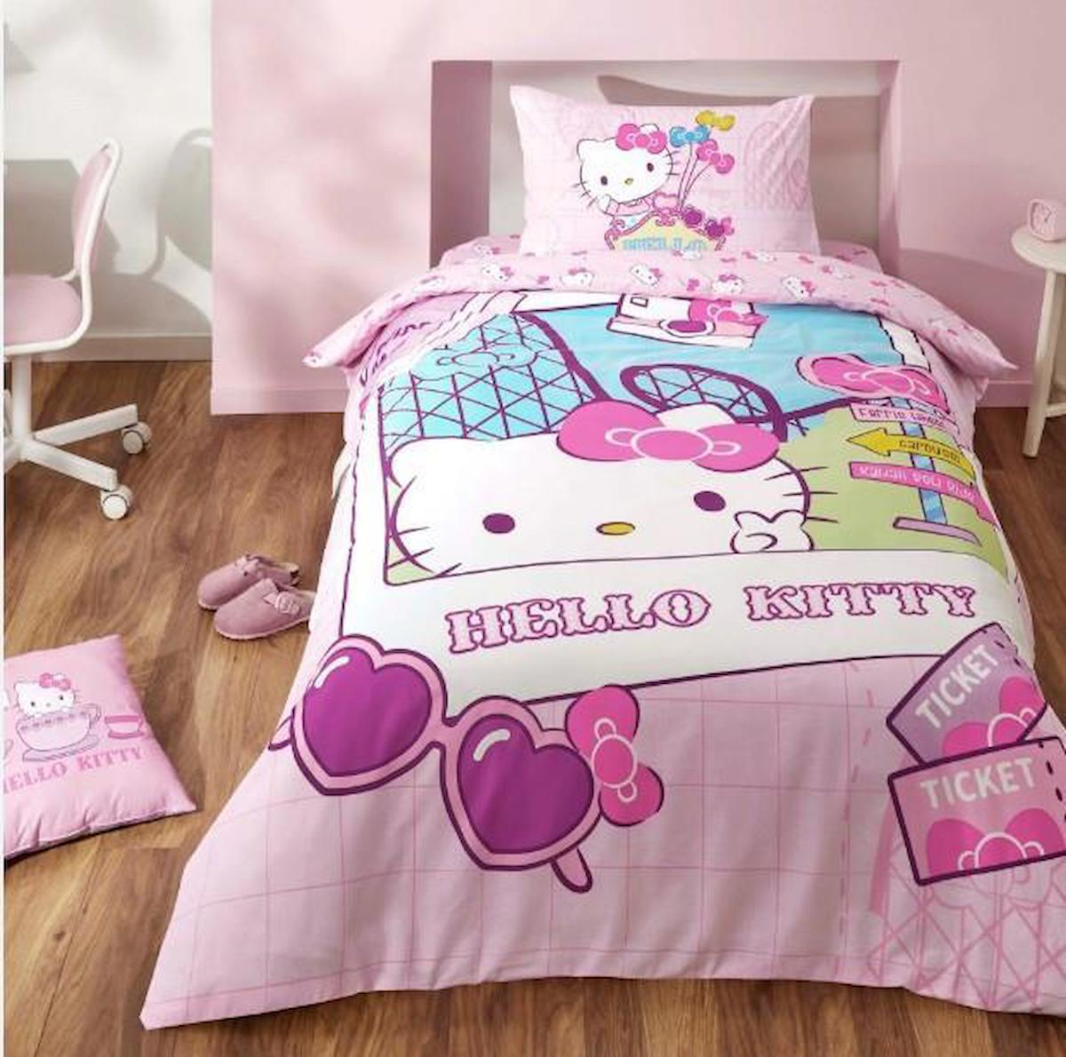 Taç Pamuk 160x220 cm Çarşaflı Lastikli Hello Kitty Tek Kişilik Nevresim Takımı Pembe