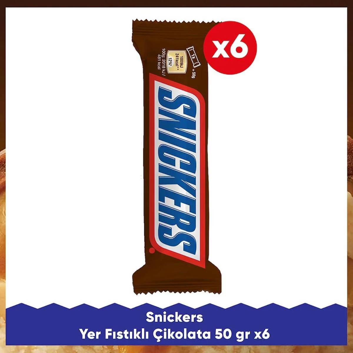 Snickers Yer Fıstıklı Sütlü Çikolata 50 gr 6 Adet